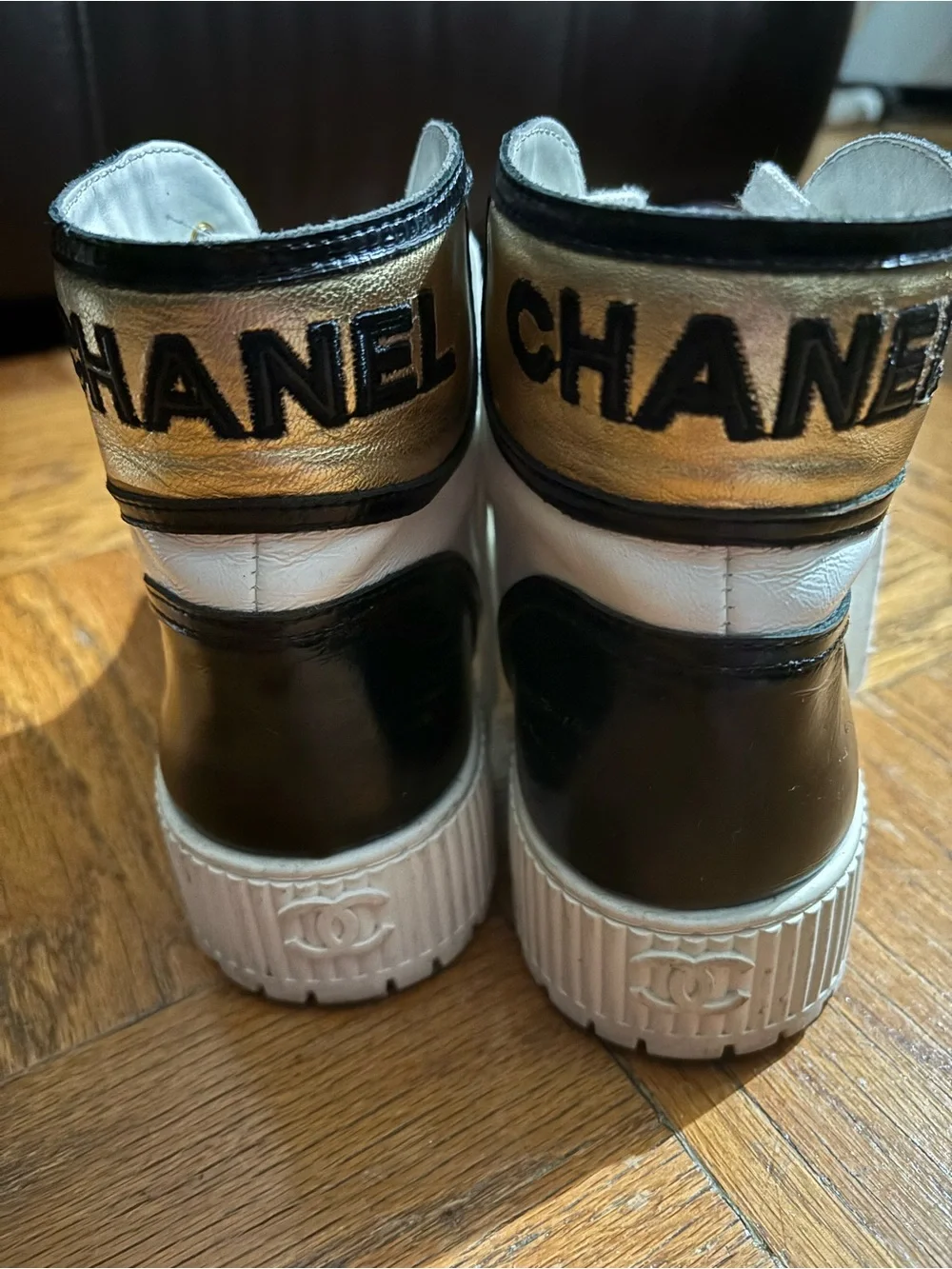 CHANEL White and Black Logo High-Top Sneakers